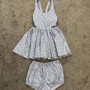 Little People Rocx light blue with white flowers pinafore dress with bloomers